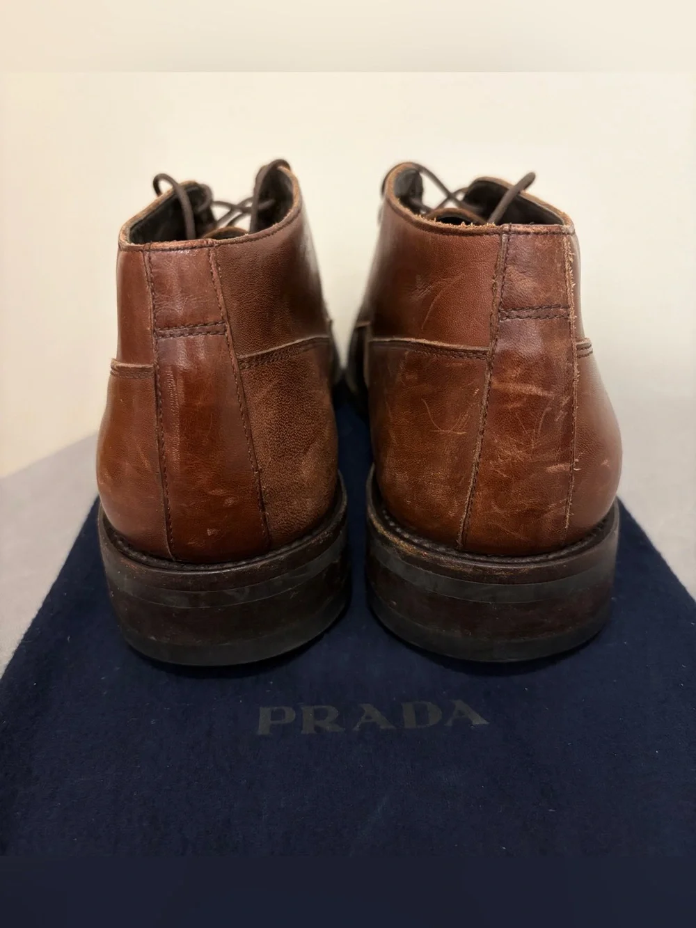 Vintage Prada Men’s Brown Leather Chukka Boots with Lace-Up Size: 8.5